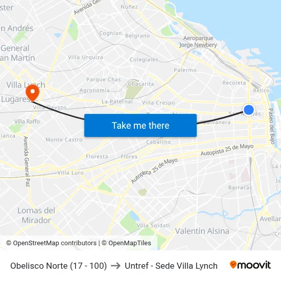 Obelisco Norte (17 - 100) to Untref - Sede Villa Lynch map