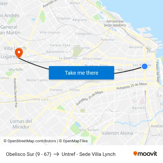 Obelisco Sur (9 - 67) to Untref - Sede Villa Lynch map
