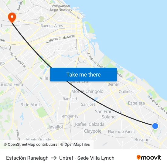Estación Ranelagh to Untref - Sede Villa Lynch map