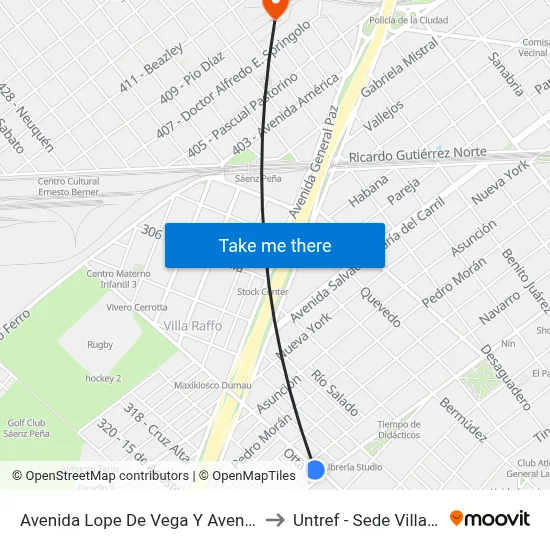 Avenida Lope De Vega Y Avenida Beiró to Untref - Sede Villa Lynch map