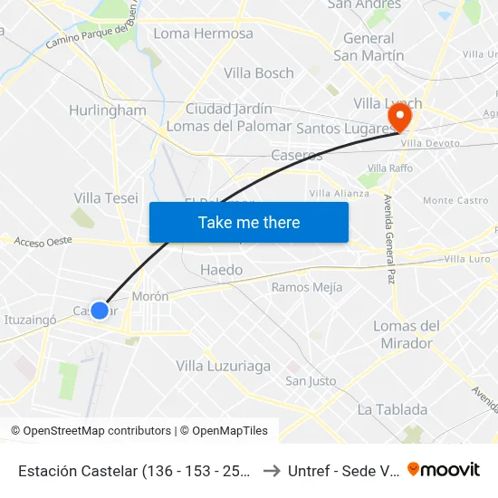 Estación Castelar (136 - 153 - 253 - 322 - 336 - 392) to Untref - Sede Villa Lynch map