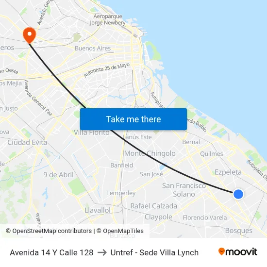 Avenida 14 Y Calle 128 to Untref - Sede Villa Lynch map