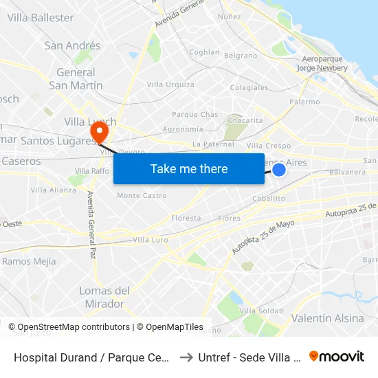 Hospital Durand / Parque Centenario to Untref - Sede Villa Lynch map