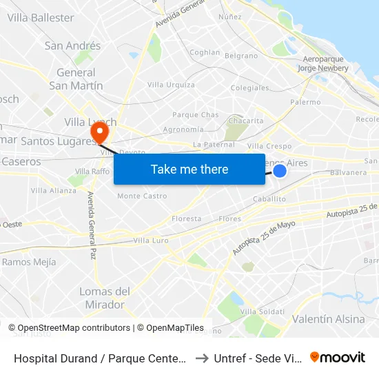 Hospital Durand / Parque Centenario (15 - 119) to Untref - Sede Villa Lynch map