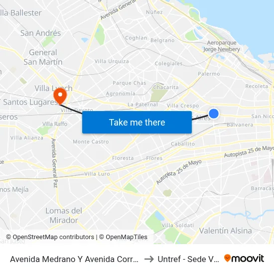 Avenida Medrano Y Avenida Corrientes (128 - 160) to Untref - Sede Villa Lynch map