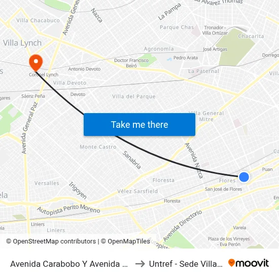 Avenida Carabobo Y Avenida Rivadavia to Untref - Sede Villa Lynch map