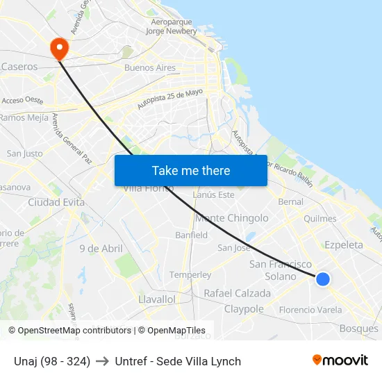 Unaj (98 - 324) to Untref - Sede Villa Lynch map