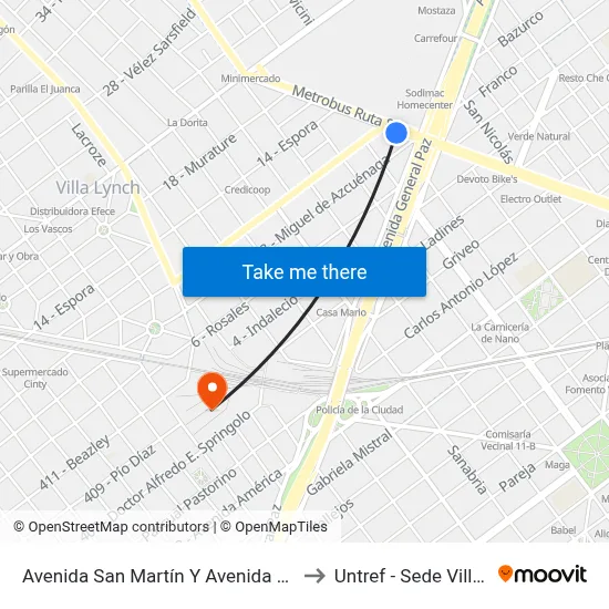 Avenida San Martín Y Avenida General Paz to Untref - Sede Villa Lynch map