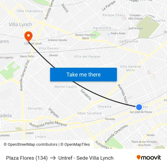 Plaza Flores (134) to Untref - Sede Villa Lynch map