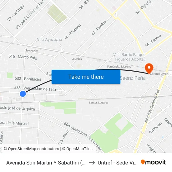 Avenida San Martín Y Sabattini (105 - 123 - 343) to Untref - Sede Villa Lynch map
