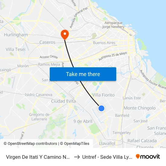 Virgen De Itatí Y Camino Negro to Untref - Sede Villa Lynch map