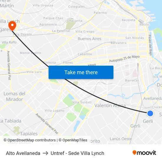 Alto Avellaneda to Untref - Sede Villa Lynch map