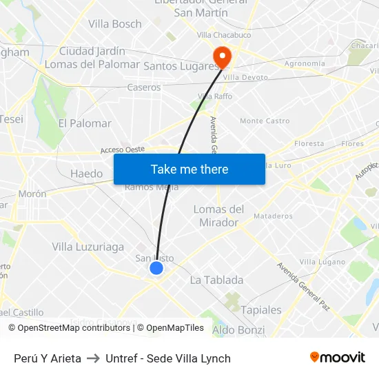 Perú Y Arieta to Untref - Sede Villa Lynch map