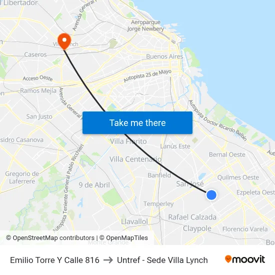 Emilio Torre Y Calle 816 to Untref - Sede Villa Lynch map