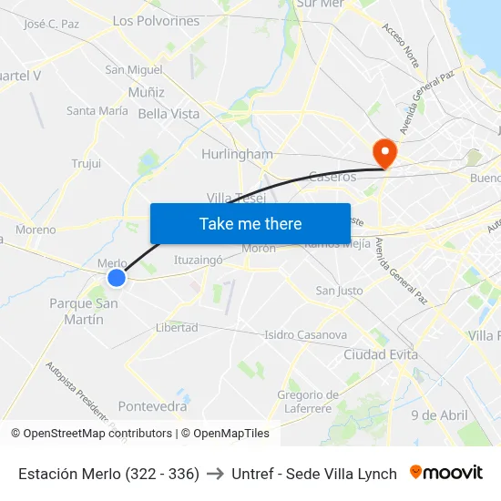 Estación Merlo (322 - 336) to Untref - Sede Villa Lynch map