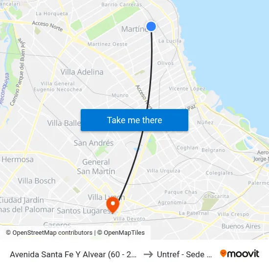 Avenida Santa Fe Y Alvear (60 - 203 - 343 - 365 - 707) to Untref - Sede Villa Lynch map