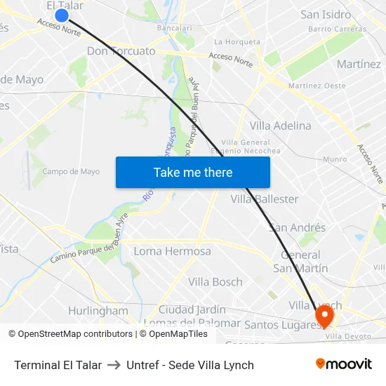Terminal El Talar to Untref - Sede Villa Lynch map
