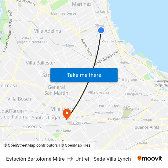 Estación Bartolomé Mitre to Untref - Sede Villa Lynch map
