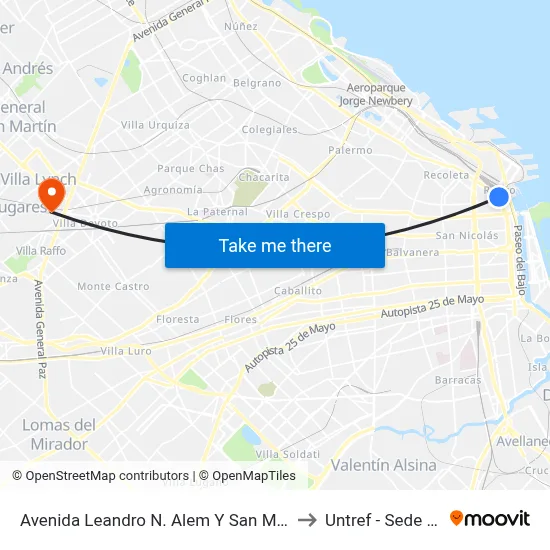 Avenida Leandro N. Alem Y San Martín (Sheraton Hotel) to Untref - Sede Villa Lynch map