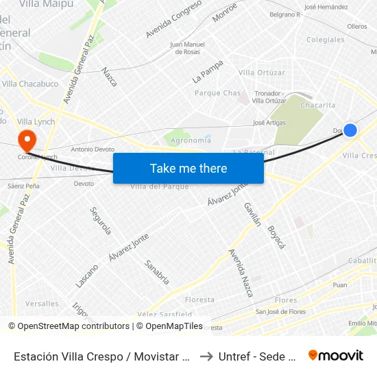 Estación Villa Crespo / Movistar Arena (19 - 65 - 71) to Untref - Sede Villa Lynch map