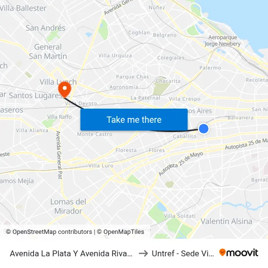 Avenida La Plata Y Avenida Rivadavia (65 - 119) to Untref - Sede Villa Lynch map