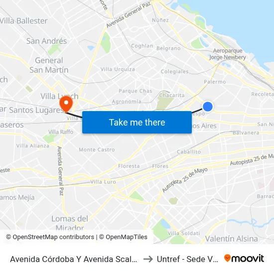Avenida Córdoba Y Avenida Scalabrini Ortiz (140) to Untref - Sede Villa Lynch map