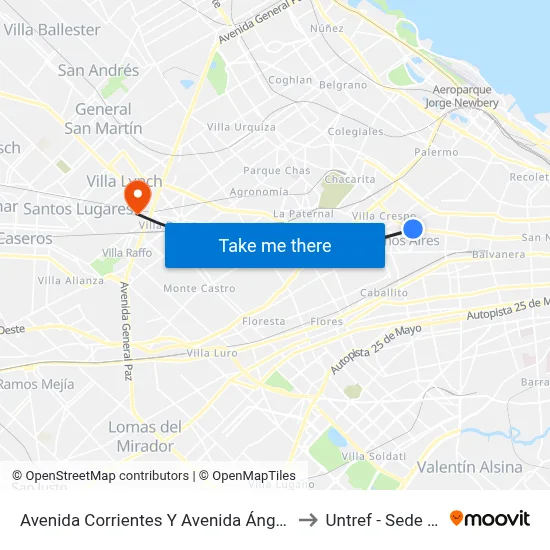 Avenida Corrientes Y Avenida Ángel Gallardo (106 - 109) to Untref - Sede Villa Lynch map