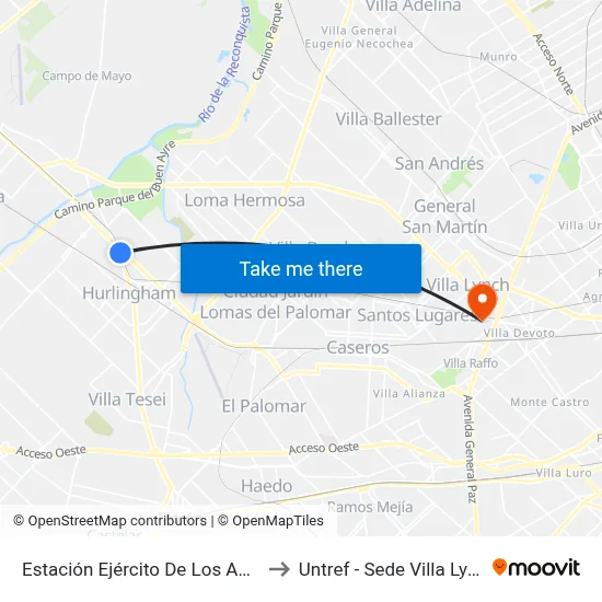 Estación Ejército De Los Andes to Untref - Sede Villa Lynch map