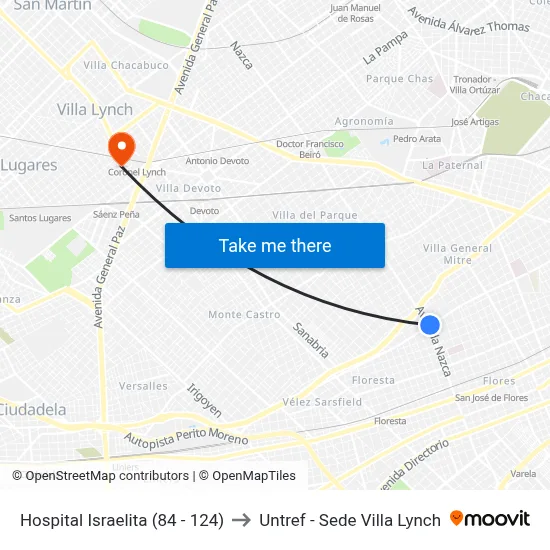 Hospital Israelita (84 - 124) to Untref - Sede Villa Lynch map
