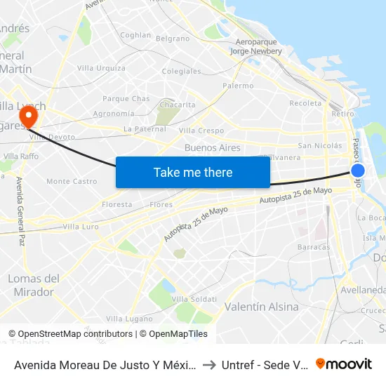 Avenida Moreau De Justo Y México (4 - 103 - 197) to Untref - Sede Villa Lynch map