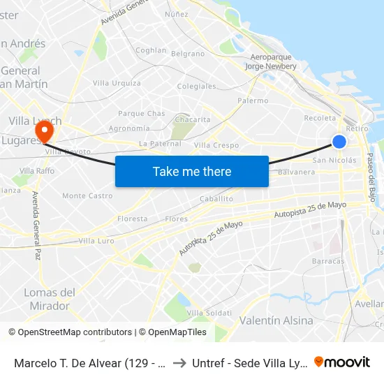 Marcelo T. De Alvear (129 - 197) to Untref - Sede Villa Lynch map