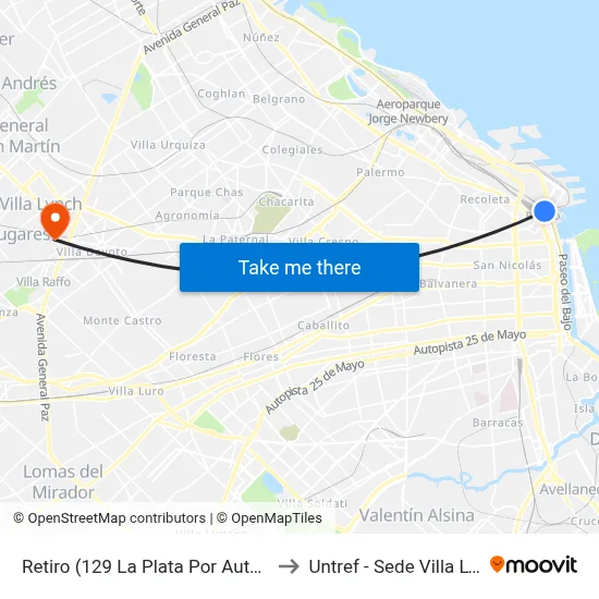 Retiro (129 La Plata Por Autopista) to Untref - Sede Villa Lynch map