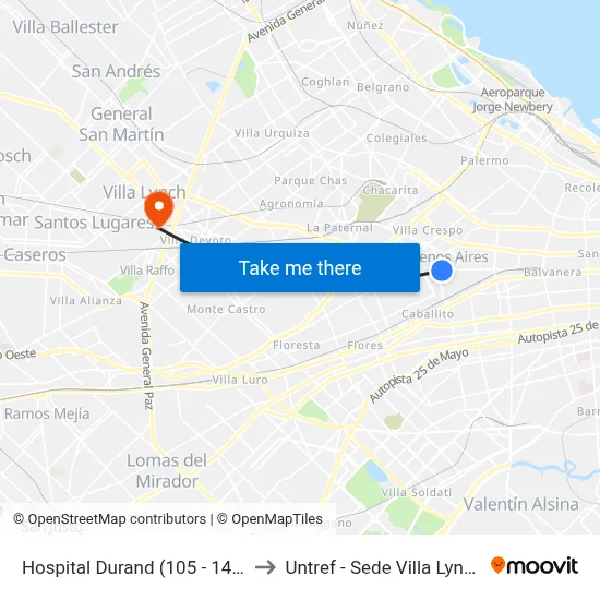 Hospital Durand (105 - 146) to Untref - Sede Villa Lynch map