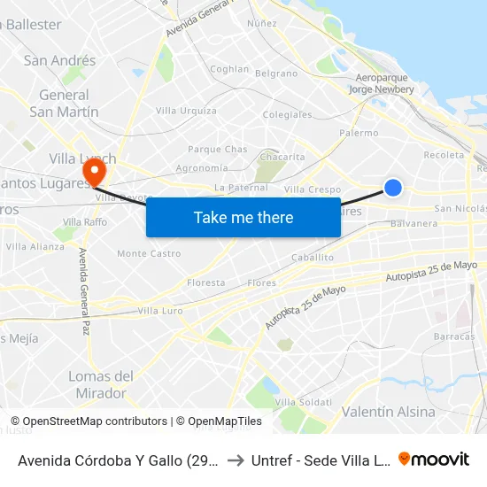 Avenida Córdoba Y Gallo (29 - 106) to Untref - Sede Villa Lynch map