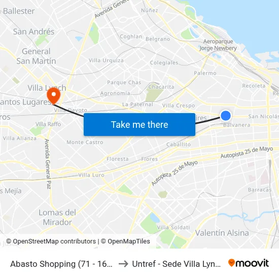 Abasto Shopping (71 - 168) to Untref - Sede Villa Lynch map