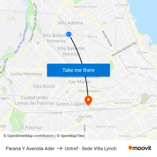 Paraná Y Avenida Ader to Untref - Sede Villa Lynch map