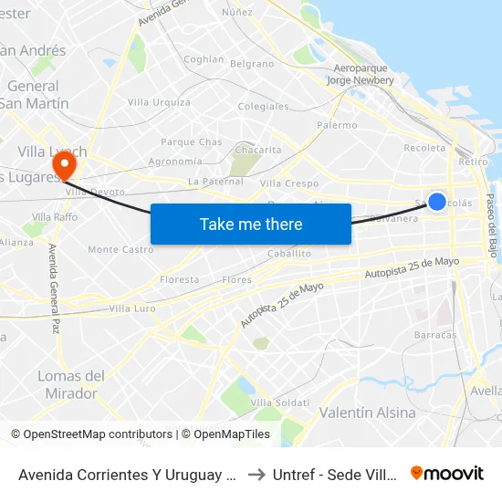 Avenida Corrientes Y Uruguay (146 - 180) to Untref - Sede Villa Lynch map