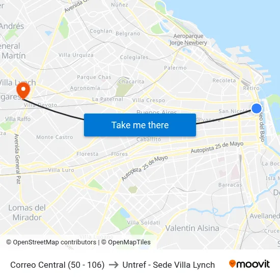 Correo Central (50 - 106) to Untref - Sede Villa Lynch map