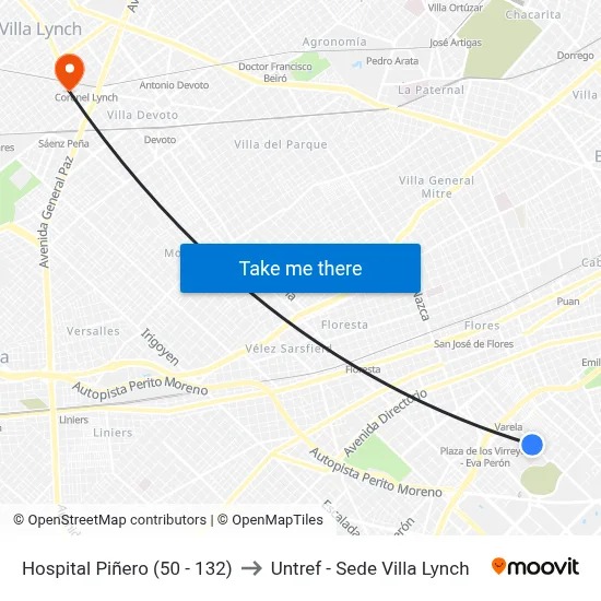 Hospital Piñero (50 - 132) to Untref - Sede Villa Lynch map