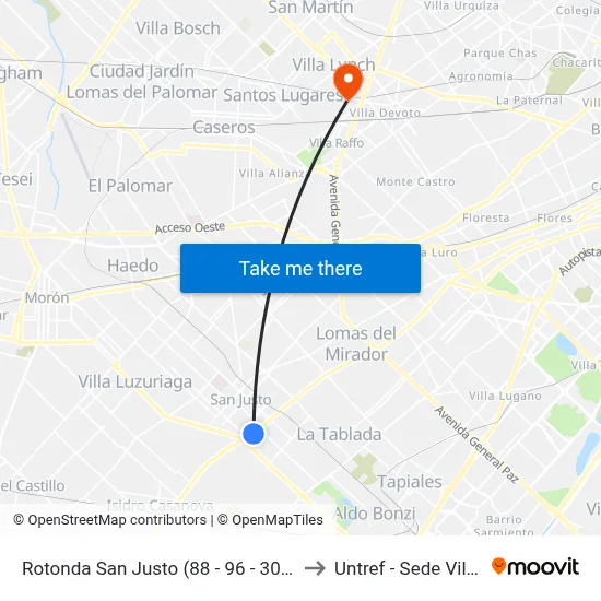 Rotonda San Justo (88 - 96 - 306 - 406 - 621) to Untref - Sede Villa Lynch map