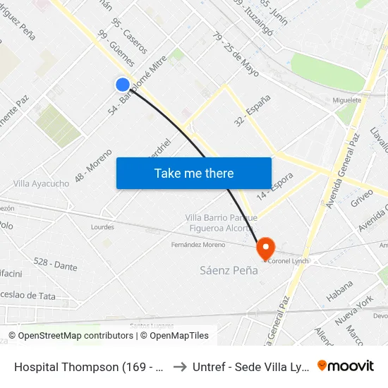 Hospital Thompson (169 - 343) to Untref - Sede Villa Lynch map