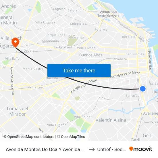 Avenida Montes De Oca Y Avenida Suárez (12 - 22 - 60 - 102 - 154) to Untref - Sede Villa Lynch map