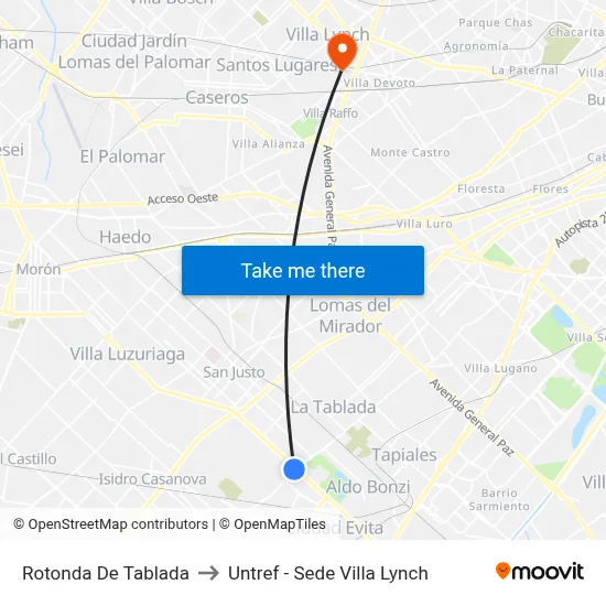 Rotonda De Tablada to Untref - Sede Villa Lynch map