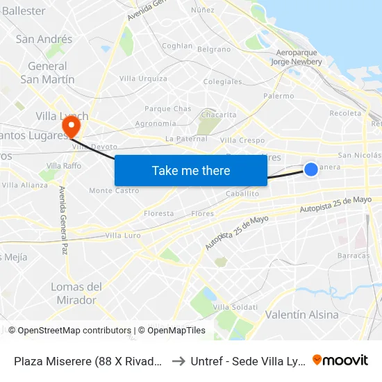 Plaza Miserere (88 X Rivadavia) to Untref - Sede Villa Lynch map