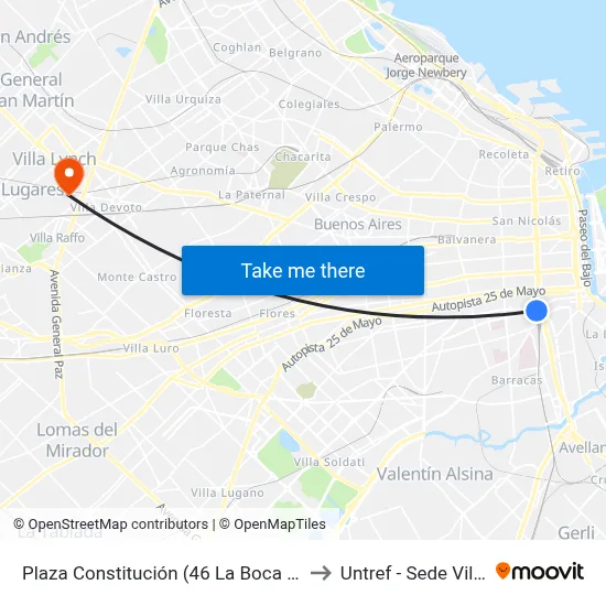 Plaza Constitución (46 La Boca - 65 - 97 Final) to Untref - Sede Villa Lynch map