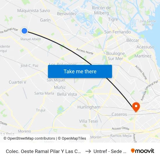 Colec. Oeste Ramal Pilar Y Las Camelias - Office Park to Untref - Sede Villa Lynch map