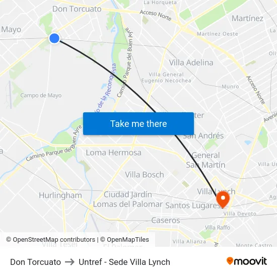 Don Torcuato to Untref - Sede Villa Lynch map