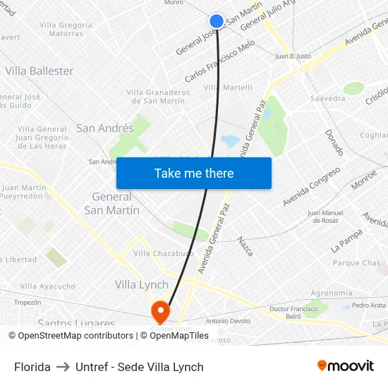 Florida to Untref - Sede Villa Lynch map