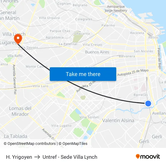 H. Yrigoyen to Untref - Sede Villa Lynch map