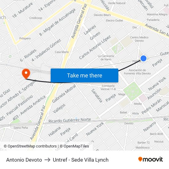 Antonio Devoto to Untref - Sede Villa Lynch map